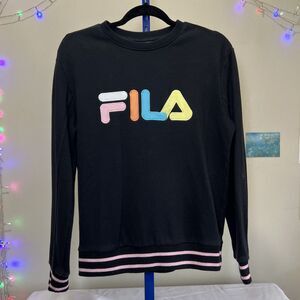 FILA Women's Crewneck Sweatshirt Pastel Embroidered Logo Pink White Cuffs & Hem